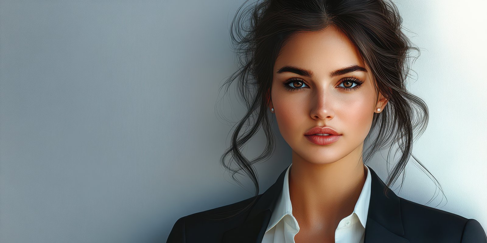 Woman with striking features wearing a suit poses confidently against a subtle background